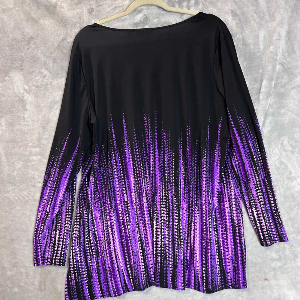 Susan Graver Tunic Top Liquid Knit XL Black Purple Abstract Drip Long Sleeve - Picture 8 of 10